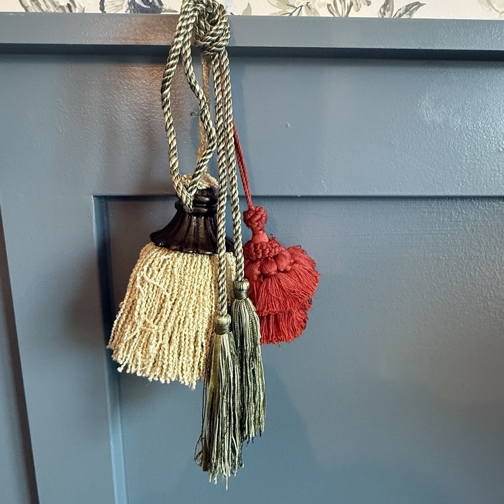 Vintage Tassel Collection Sage Green Chenille Cream Red Drapery Tiebacks